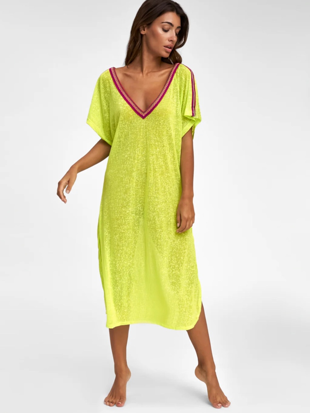 Pitusa Neon Yellow V-Neck beach dress with Contrasting Trim
